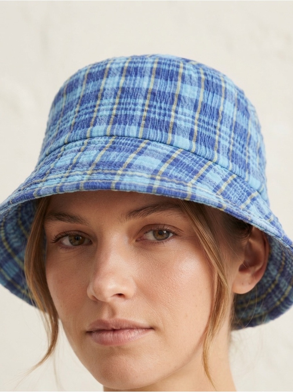 Y2K Marks & Spencer Summer Blue Plaid Cotton Bucket Hat O/S
